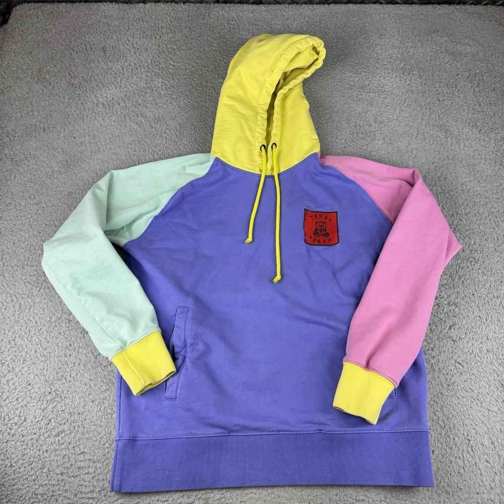 Teddy Fresh Hoodie Mens Small Color Block Pastel Blue Yellow Pink‎ Cotton